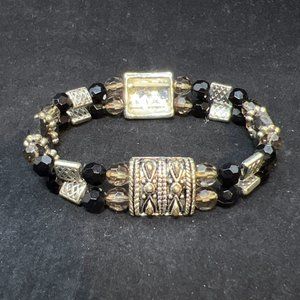 Silver Tone And Black Beads Stretch Bracelet (3949)